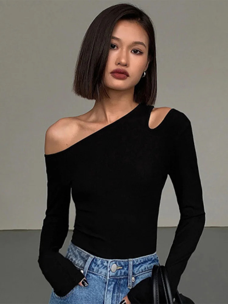 Fashion Skew Collar Off-shoulder Long-sleeved T-shirts Women Spring Solid Slim Fit Crop Top Sexy Hollow Out Tees Shirts 250614
