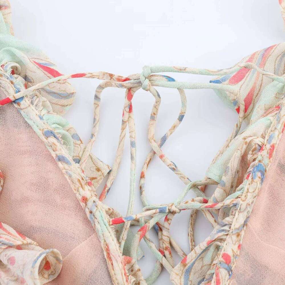 Womens Elegant Sexy Ruffled Patchwork Neckline V Neck Sleeveless Spaghetti Strap Mid - Length Printed Dress