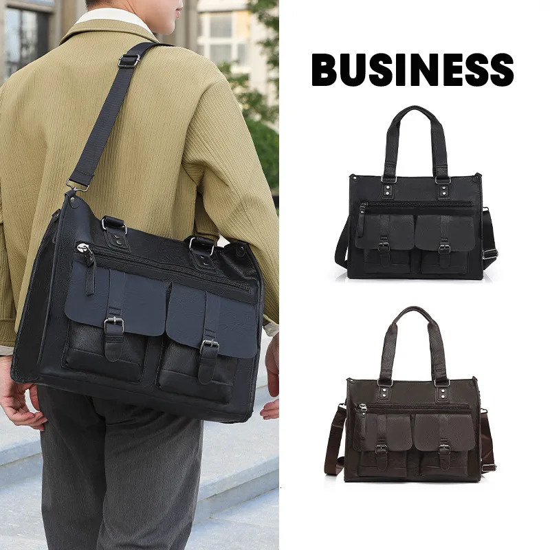 Man Business Briefcase Bag Men Office Multiple Pockets 13.3inch Laptop Handbags PU Leather Messenger Shoulder Bag 250614