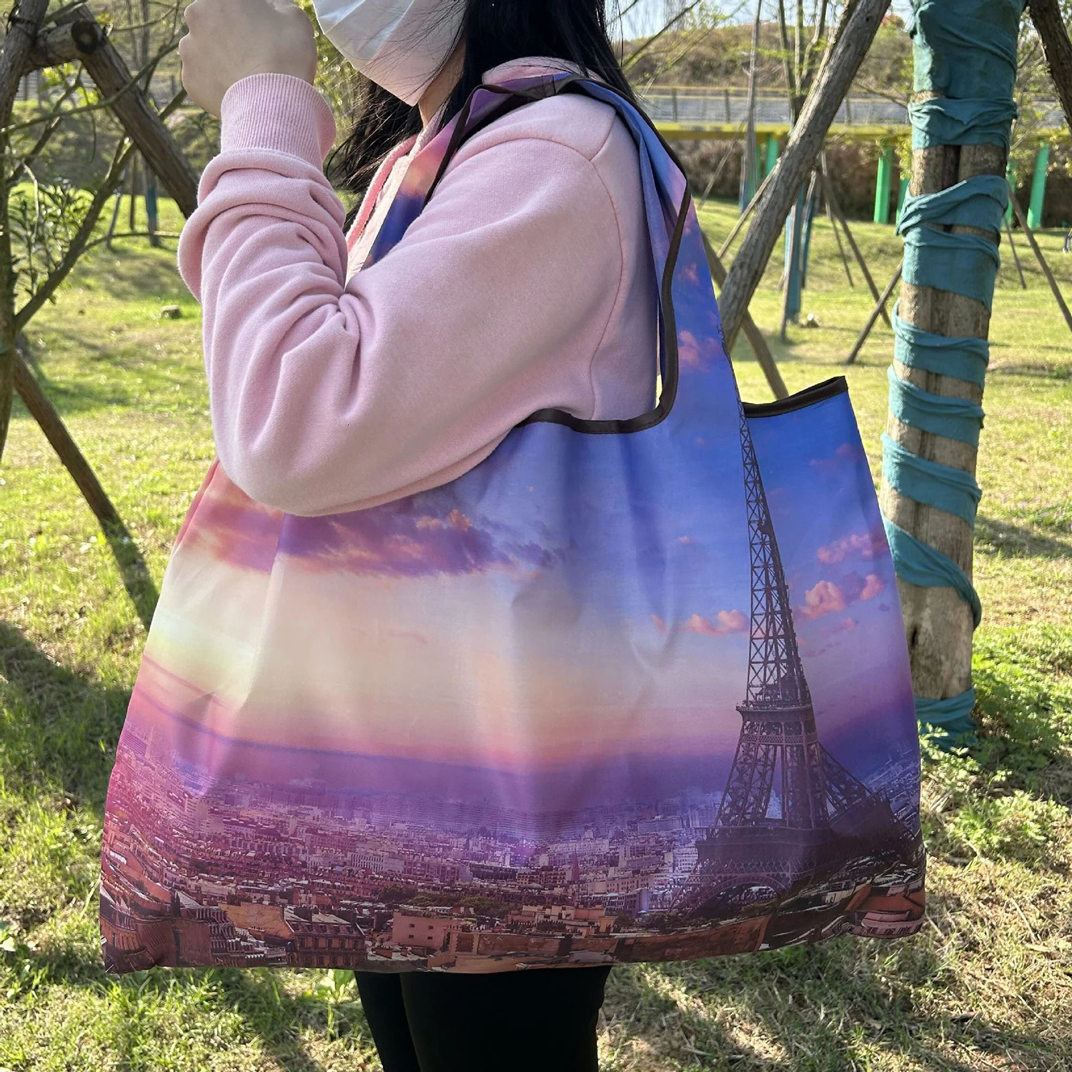 Oil Painting Style Foldable Shopping Bags Large-Sized Thick Nylon Tote Bag Reusable Washable Portable Travel Pouch Beach bag 250610
