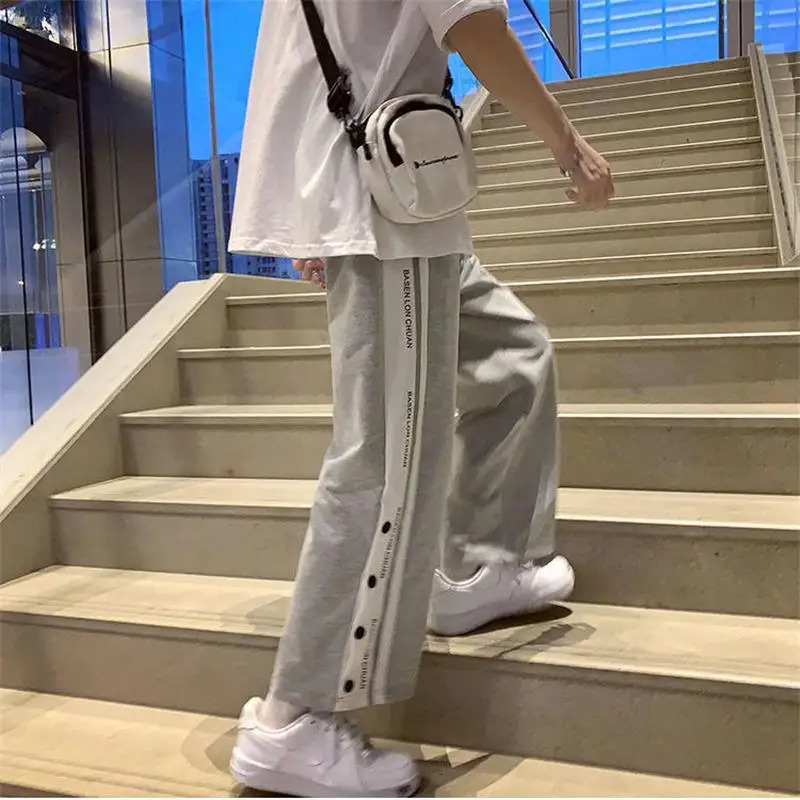 Y2k Style Wide Leg Pants Straight Trousers High Street Casual Loose Side Button Sweatpants Vintage Womens Pants Streetwear 250612