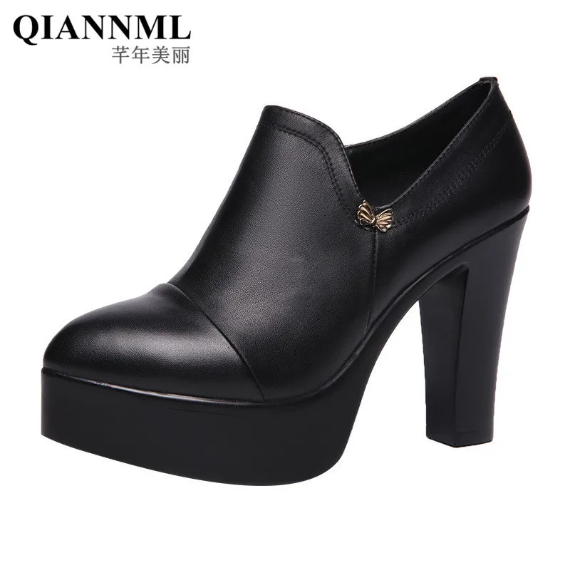 Small Size 32-43 Block Heels Platform Pumps Women 2025 Fall Black Split Leather Shoes High Heels for Thin Feet Office Model Mom 250613