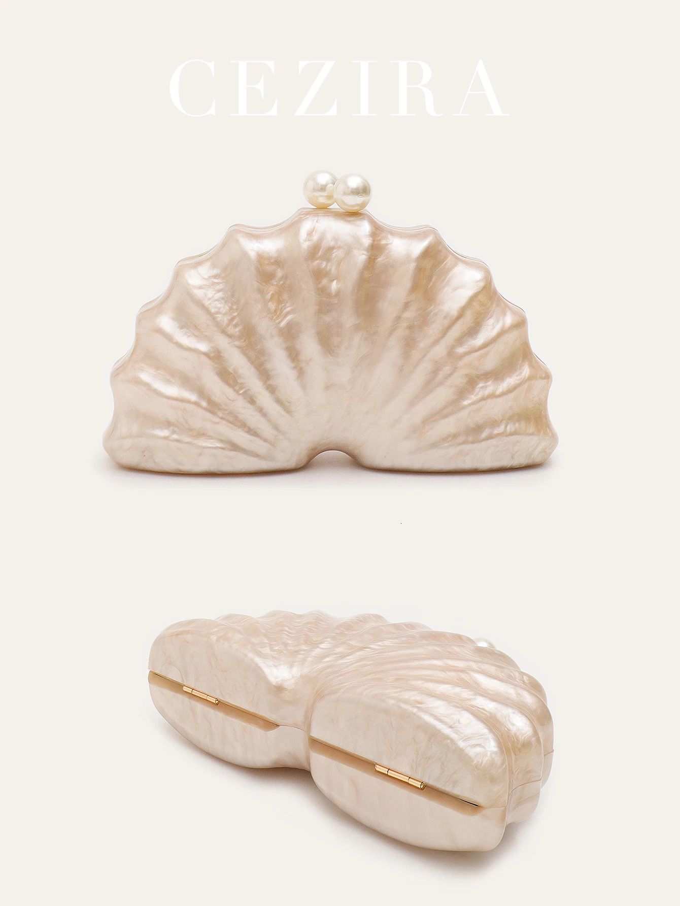 CR Womens Fashion Elegant Pearls Decoration Acrylic Shell Shaped Long Chain Fits Cellphone Box Hardcased Clutch Evening Bag 250614