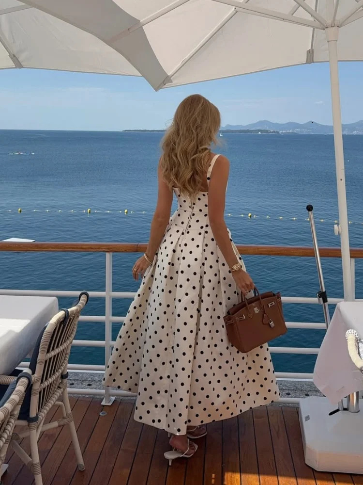 Polka Dot Maxi Dresses Women Elegant Square Neck Lotus Hem Long Gowns Chic Lady Sleeveless High Waist Cinched Summer Robes 250611