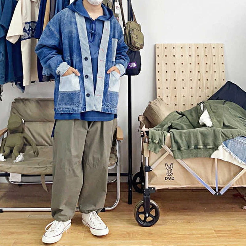 22AW Japanese Striped Patchwork Washed Denim Jacket for Men High Quality Coat 250614