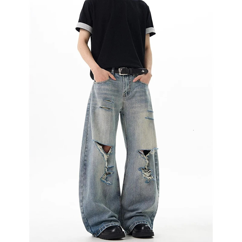 Spring American Vintage Y2k 2000s Blue Ripped Jeans Mens High Wide Leg Denim Pants Streetwear Fashion Baggy Cargo Trousers 250614