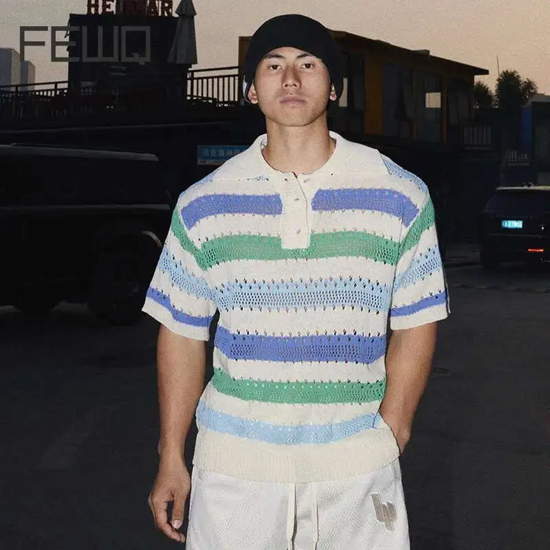 FEWQ Summer Mens T-shirts Lapel Hollow Out Colorful Striped Button Short Sleeved Niche Male Tees Vintage 24K3129 250614