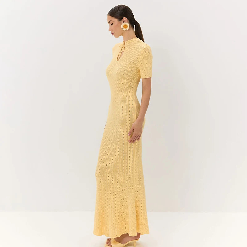 Tornova Retro Knitted Long Dress Female Short Sleeve Slim Hollow Retro Elegant Sweater Dress Summer High Waist Woman Dress 250613