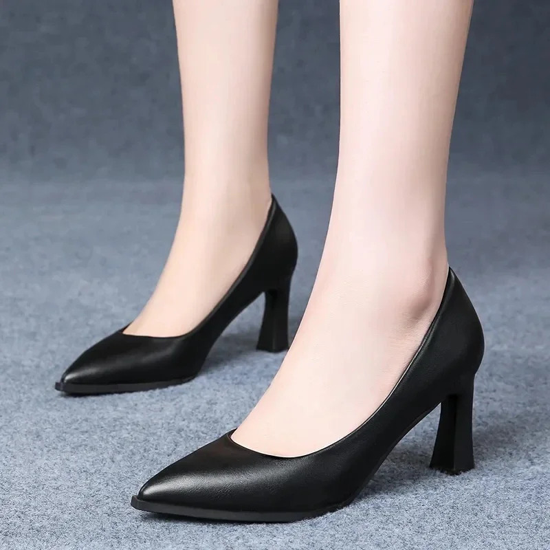 Soft PU Non-slip Single Shoe Work Shoes Womens Pumps Black Professional Interview High Heels Mid Heeled Work Leather Shoes 250614