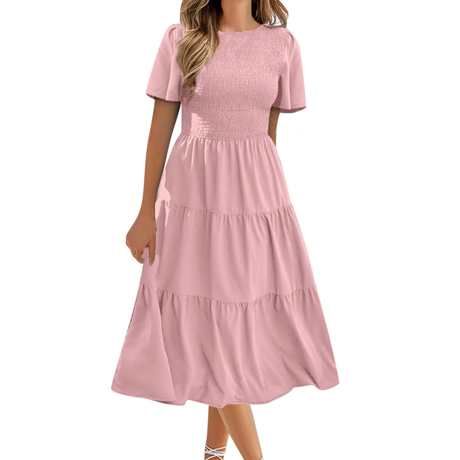 Summer Dresses For Women Clothing Casual Flutter Short Sleeve V Neck Smocked Elastic Waist Tiered Midi Dress Dropshiping 250613