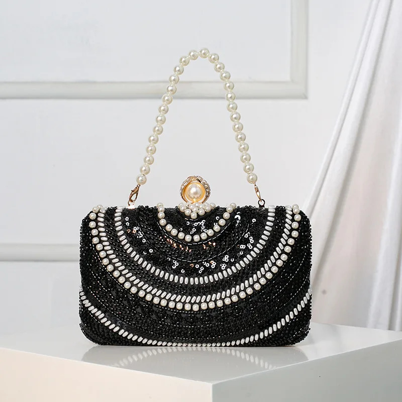 Cool Black Pearls Dinner Handbag Ladies Elegant Formal Dress Evening Bag Diamond Studded Wedding Party Purse Silver Champagne 250614