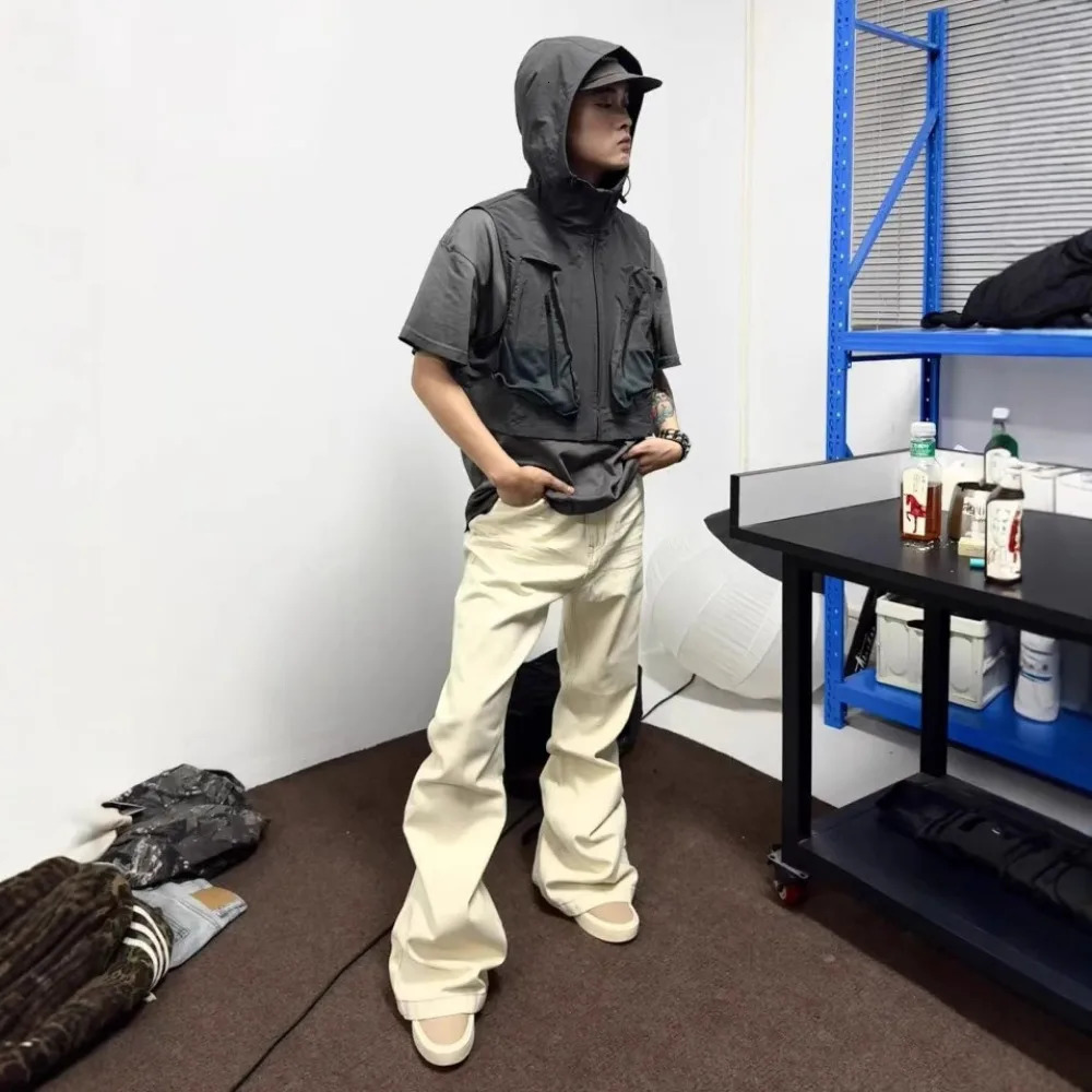 High Street Ro Style Dark Denim Pants Mens Elasticity Floor Mopping Beige Brushed Horn Jeans Slim and Wide Leg Pants 250614