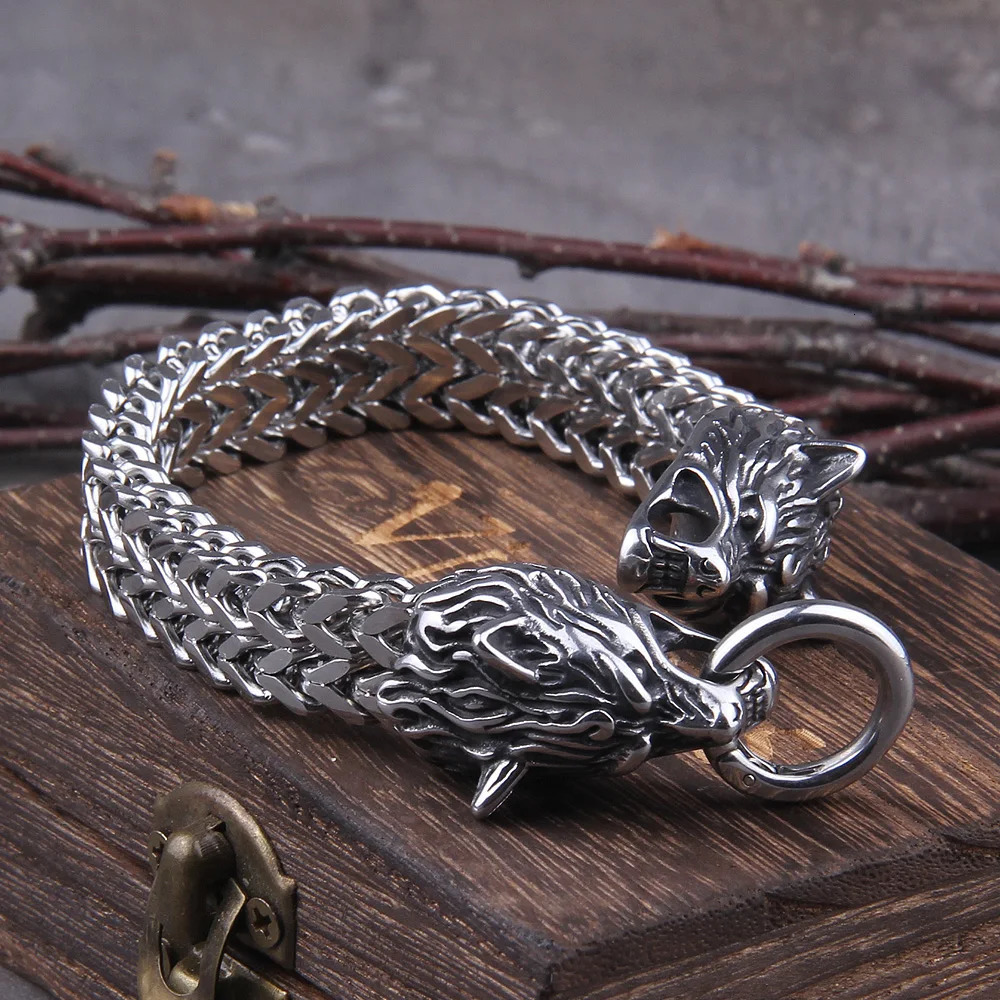 Never Fade Rock Viking Wolf Charm Bracelet Mens Stainless Steel Mesh Chain Gold Wolf Punk Jewelry without box 250610