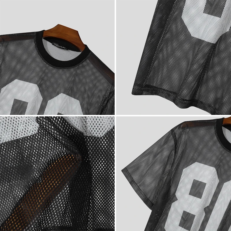 INCERUN Mesh Splicing Loose T-Shirts Men Short Sleeve Hollow Casual Summer Digital Printing Oversize Tops 250614