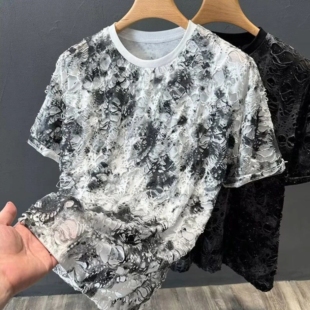 Summer Mens Rendering Hole Short-Sleeved T-Shirt Retro Trend Fashion Street Hip-Hop Loose Casual Niche Breathable Mens Tops 250614