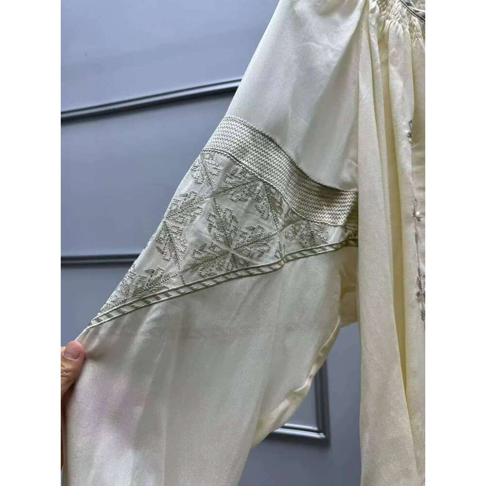 Women 2025 Spring Summer New Vintage Ethnic Embroidery Deep V Tassel Lace-Up Light And Loose Casual Shirt