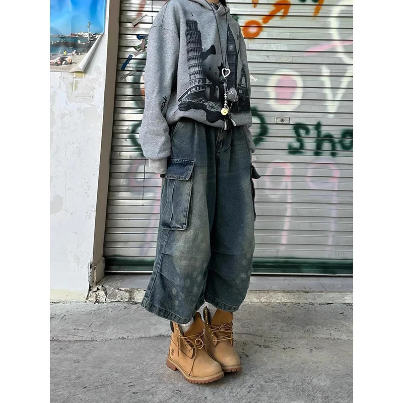 ZHIZOU Womens Summer Vintage High Waist Blue Retro Washed Denim Shorts Fashion Casual Loose Fit Y2K Streetwear Mid Long Short 250609