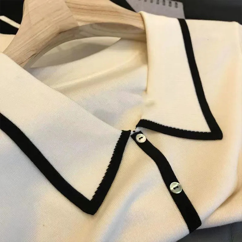 Women Fashion Black White Patchwork Polo Shirts Summer Casual Loose Short Sleeve Knit T-shirt Office Lady Chic Button Pullovers 250609