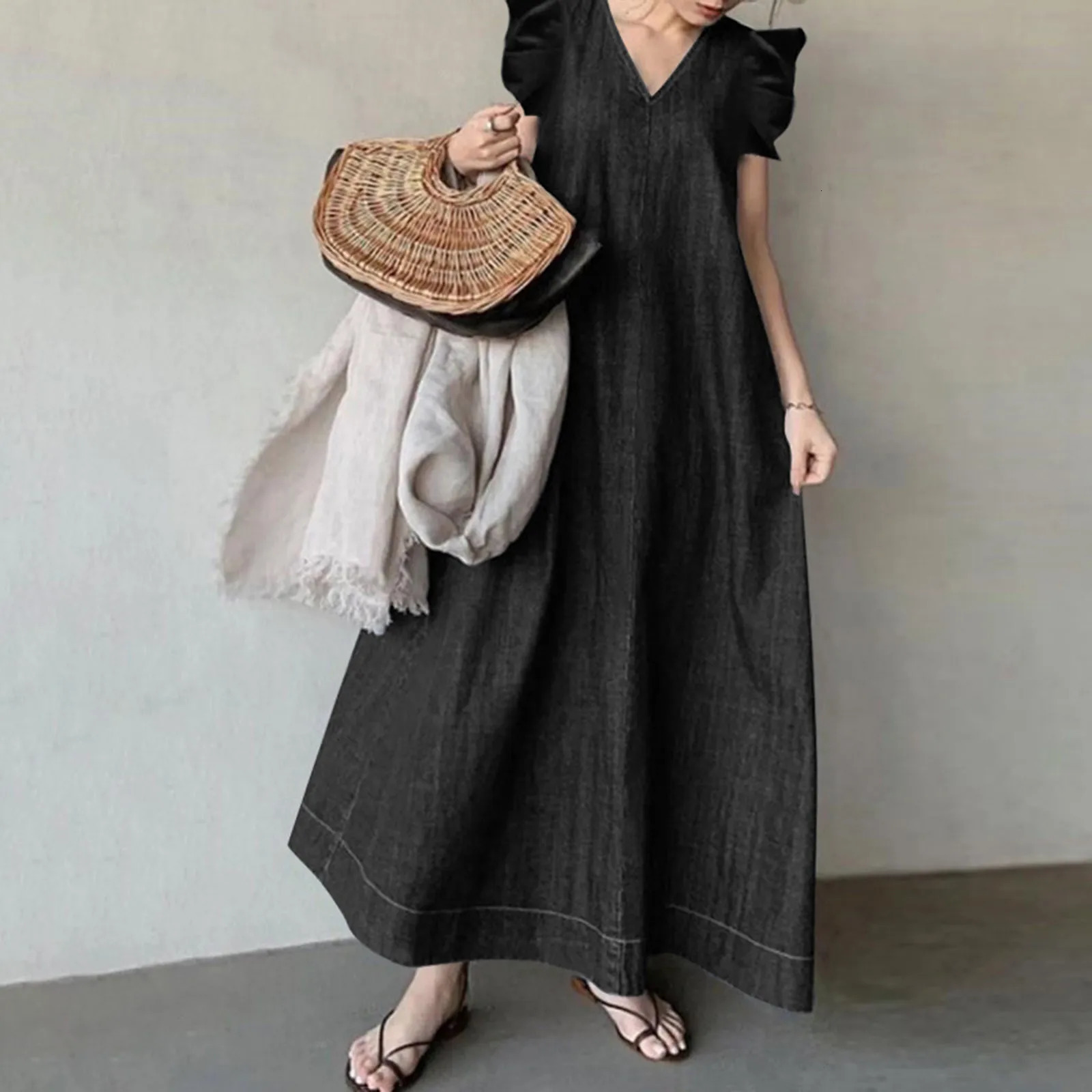 Plus Size 5XL Casual Woman Denim Dress Summer Petal Sleeve Jean Short Sleeve Long Dresses Loose Oversized Maxi Dress Robe 250609