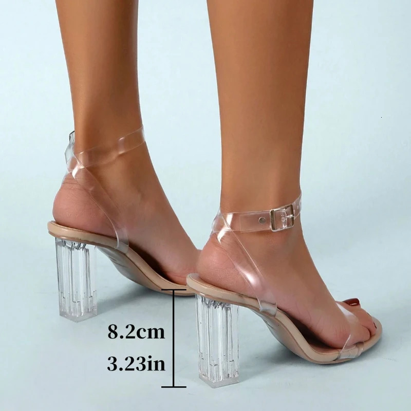 Womens Large Size Sandals 35-42 Thick Heel Pointed Buckle Transparent One Strap High Heels 8.2 Cm Fashion Sandals Crystal Shoes 250610