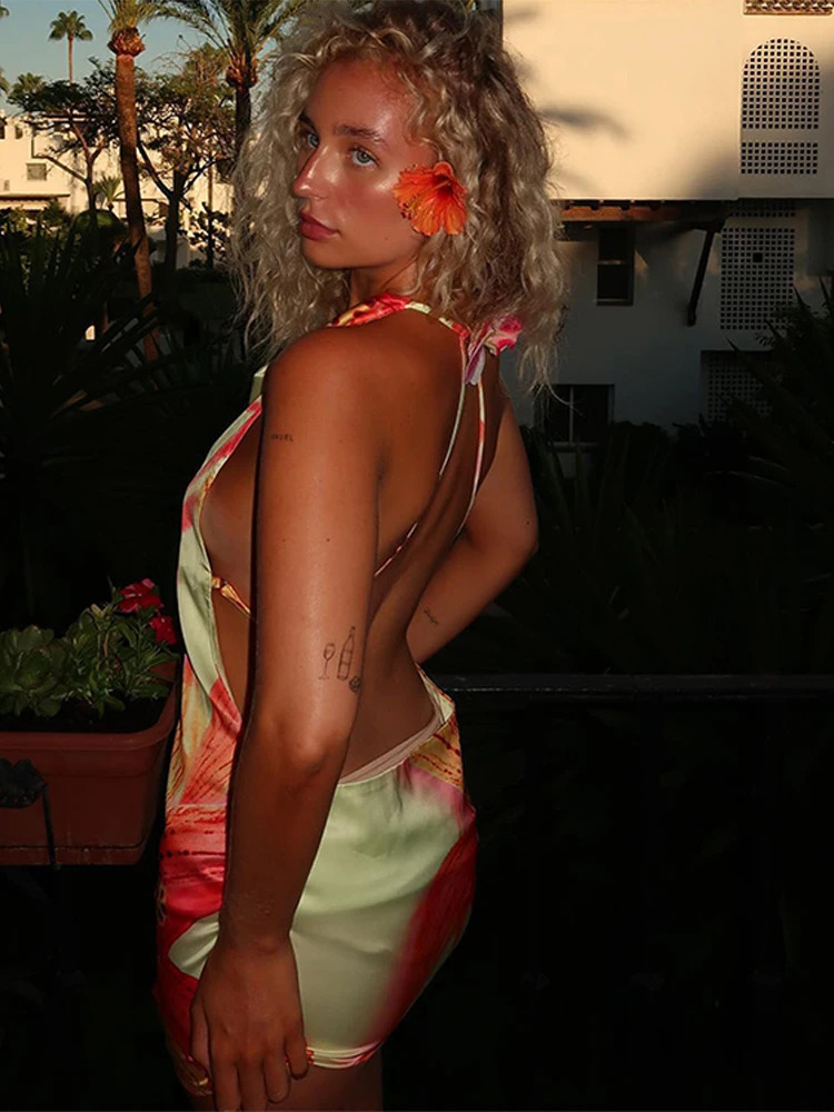 Backless Satin Short Dress Women Sexy 3D Flower Print Lace Up Sleeveless Halter Dresses Summer Beach Vacation Lady Vestisos 250612