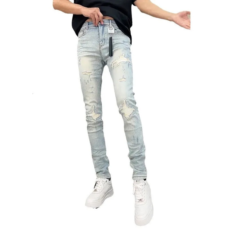 Korean y Clothing High Quality Jeans for Men Fashion Slim Fit Pencil Pants with Holes Summer Casual Denim Trousers Male 250614