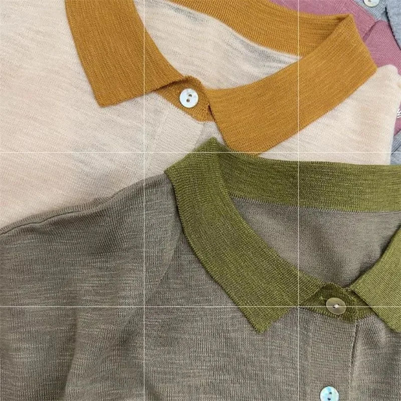 Polo Neck T Shirt for Women Summer Outfit Baggy Contrast Color Woman Tshirt Y2k Fashion Clothing Trend 2025 Pretty Basic 250609