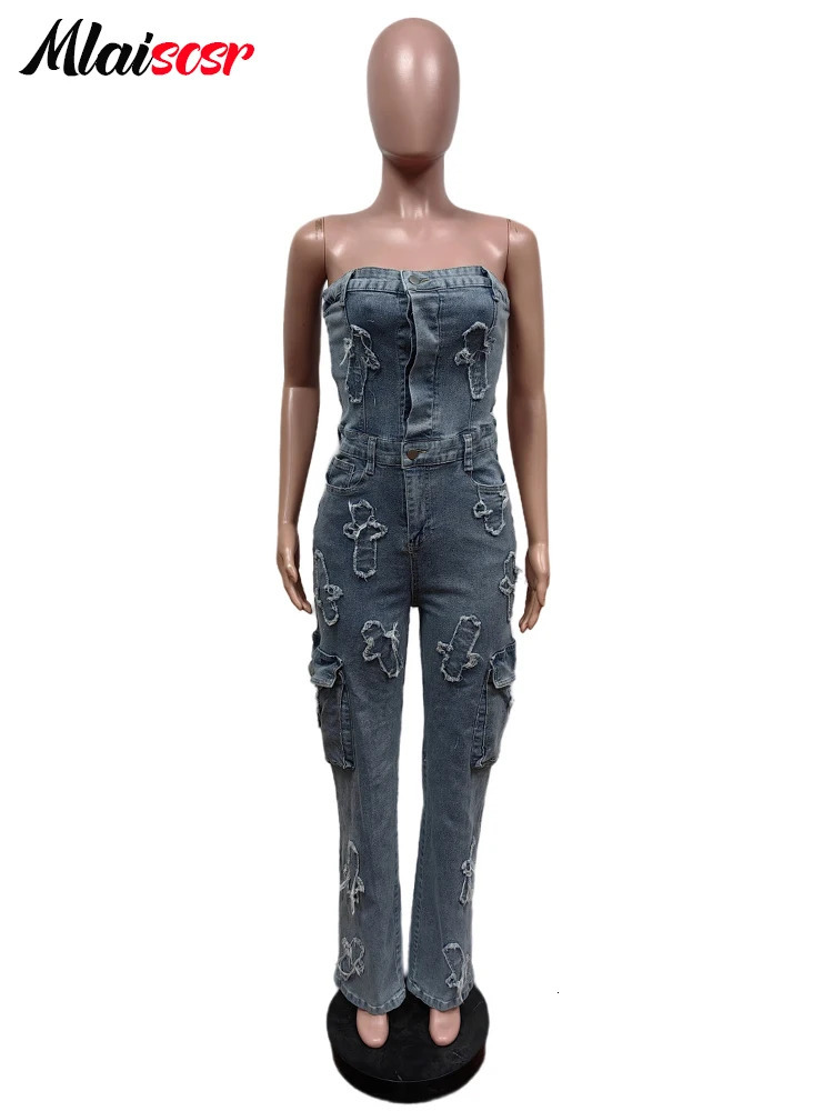 Mlaiscsr Cross y Pockets Stretch Denim Jumpsuits Women Sleeveless Off Shoulder Boyfriend Rompsers Blue Cargo Overalls 250612