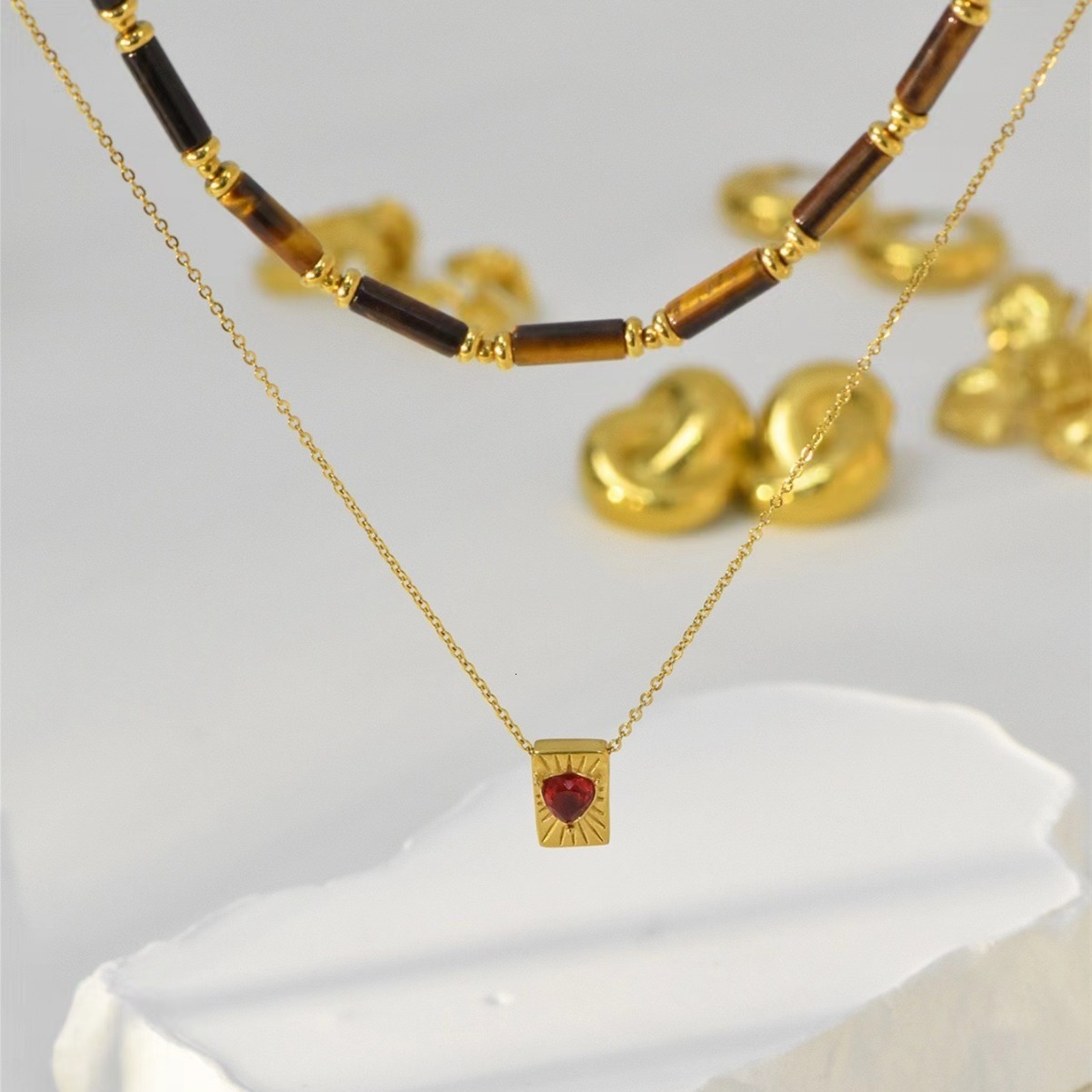 High-End Tiger Eye Natural Stone Beaded Necklace Titanium Steel Simple Elegant Heart Pendant for Women