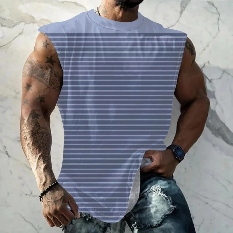 3D Printed Colorful Stripes Tank Top For Men Color Block Pattern Tees Summer Casual Loose Street Sports y2k Round Neck Tops Vest 250613