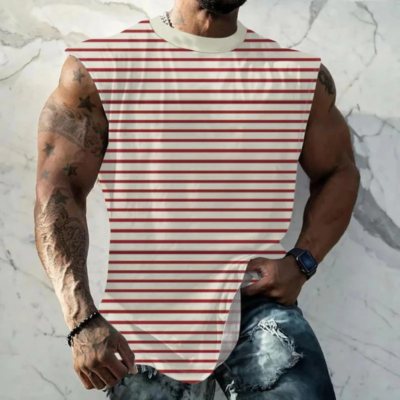 3D Printed Colorful Stripes Tank Top For Men Color Block Pattern Tees Summer Casual Loose Street Sports y2k Round Neck Tops Vest 250613