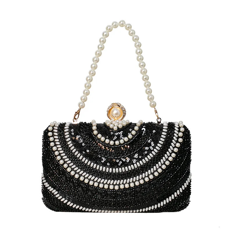 Cool Black Pearls Dinner Handbag Ladies Elegant Formal Dress Evening Bag Diamond Studded Wedding Party Purse Silver Champagne 250614