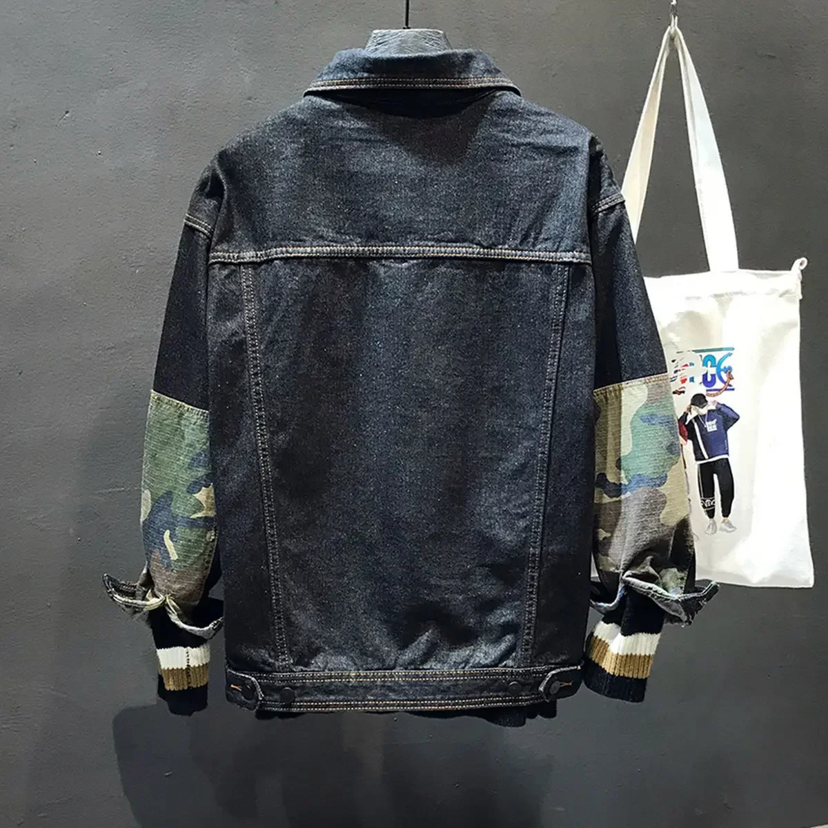 Jeans Coat for Men Wide Sleeves Black Denim Jackets Man Cargo Camouflage Fashion Big Size in One Piece Washed G Vintage L S 250614