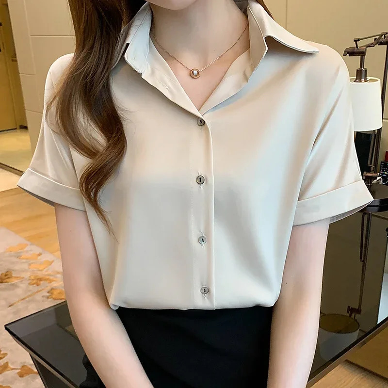 Fashion Summer Turn Down Collar White Women Shirt Short Sleeve Chiffon Blouse Tops Blusas Camisas De Mujer E704 250614