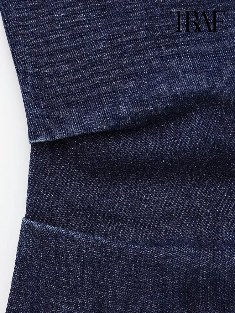 TRAF Womens Fashion Street Style Vintage Denim Mini Dress Simple Casual Solid Color Round Neck Waisted Back Zipper Dress 250609