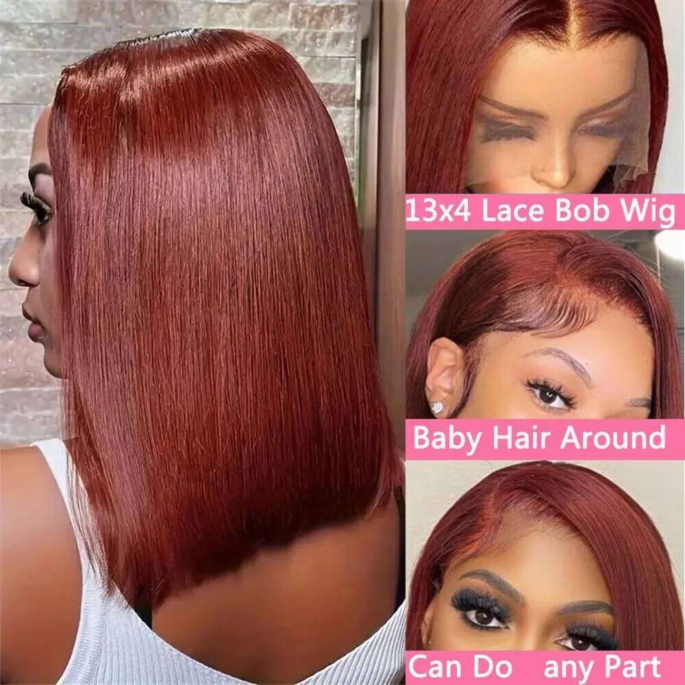 Reddish Brown Human Hair 13x4 Frontal Wig 180% Density Colored HD Transparent Short Bob Lace Front Wigs Pre Plucked