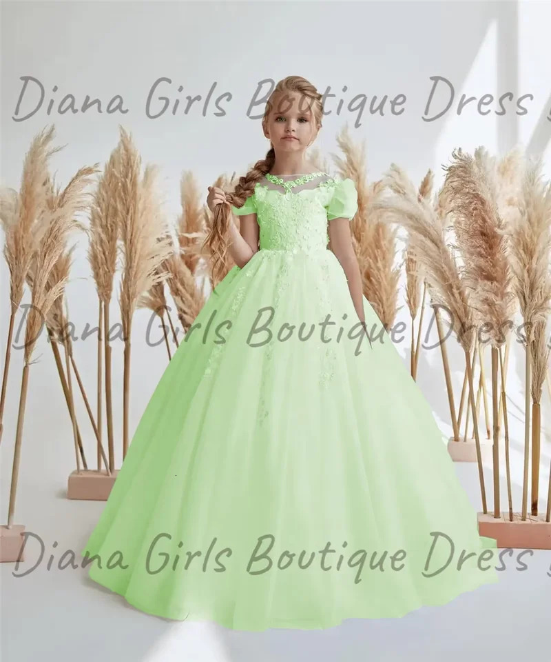 Elegant White Flower Girl Dress Short Sleeve Lovely Princess Satin Ball Gown For Kids Birthday Gift Party First Communion Dress 250614
