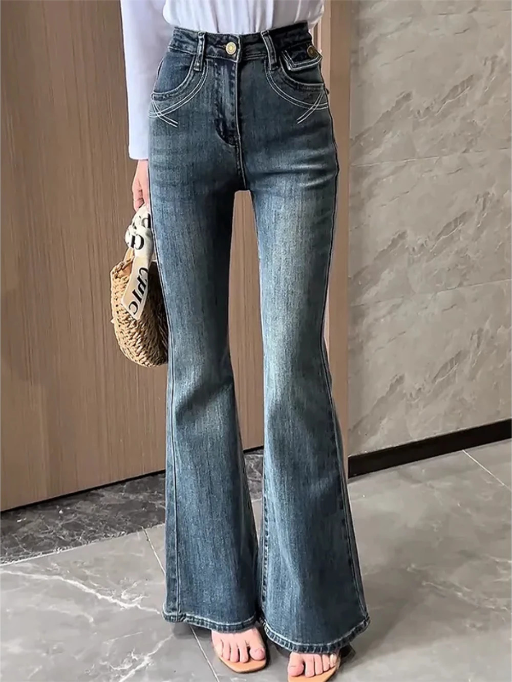 Aesthetic Fitted Woman Flare Jeans Retro Fashion Casual Slim Fit Denim Pants for Women In 2000s Y2k High Waist S Trousers 250612