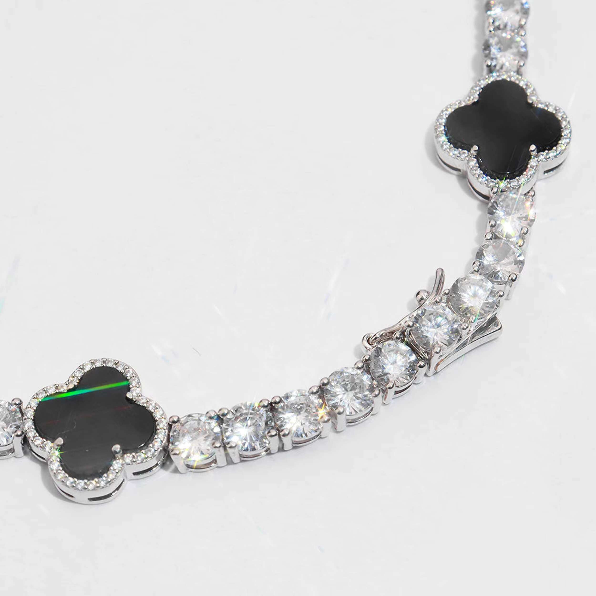 VVS Moissanite Tennis Chain with Black Agate Clover Leafs Iced Out Moissanite Necklace Officiant Gift Anniversary Gift