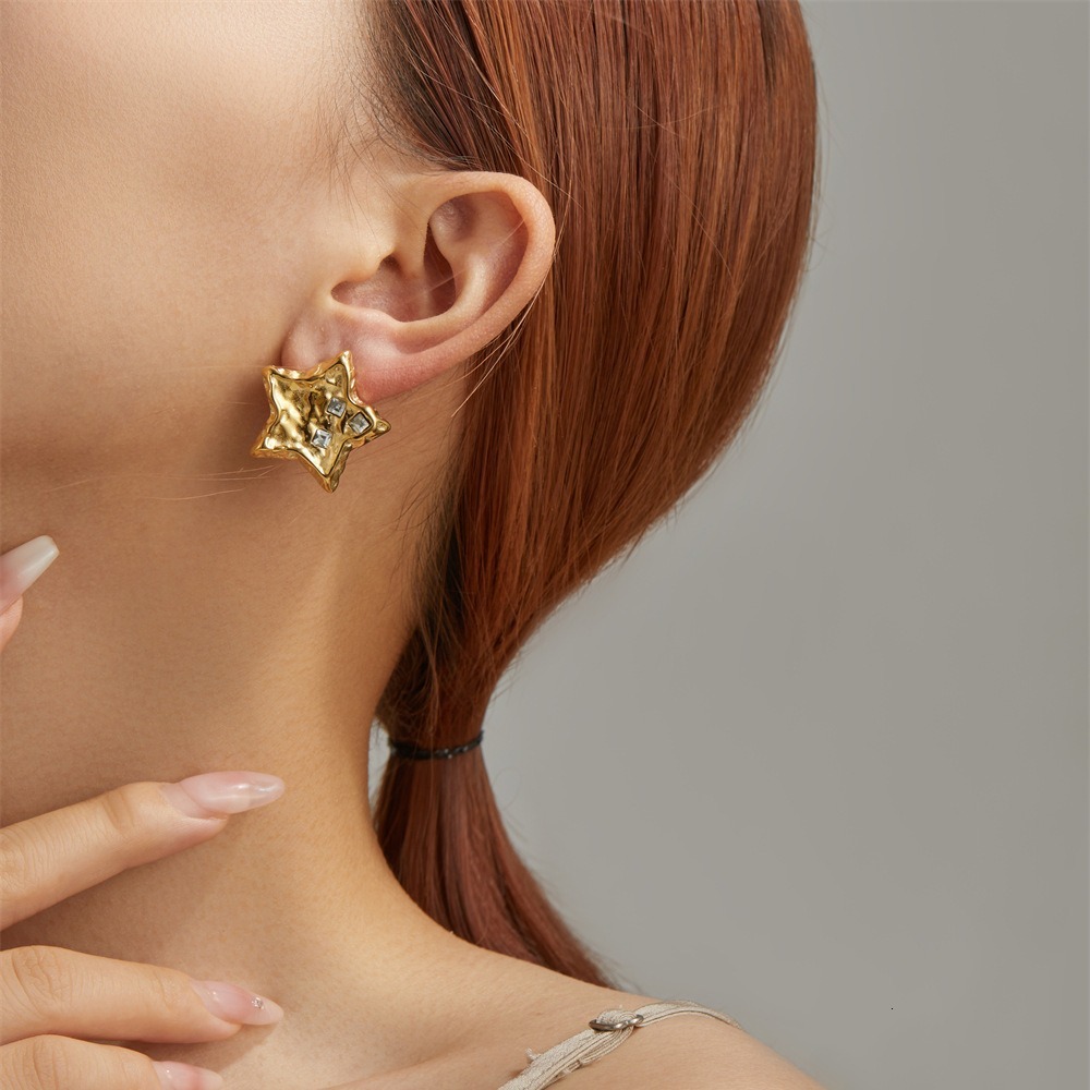 Fashion Light Style Personality Exaggerated Dia-Studded Pentagram Star Earrings for Women Titanium Steel Non-Fading Ear Jewelry