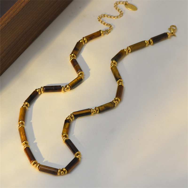 High-End Tiger Eye Natural Stone Beaded Necklace Titanium Steel Simple Elegant Heart Pendant for Women