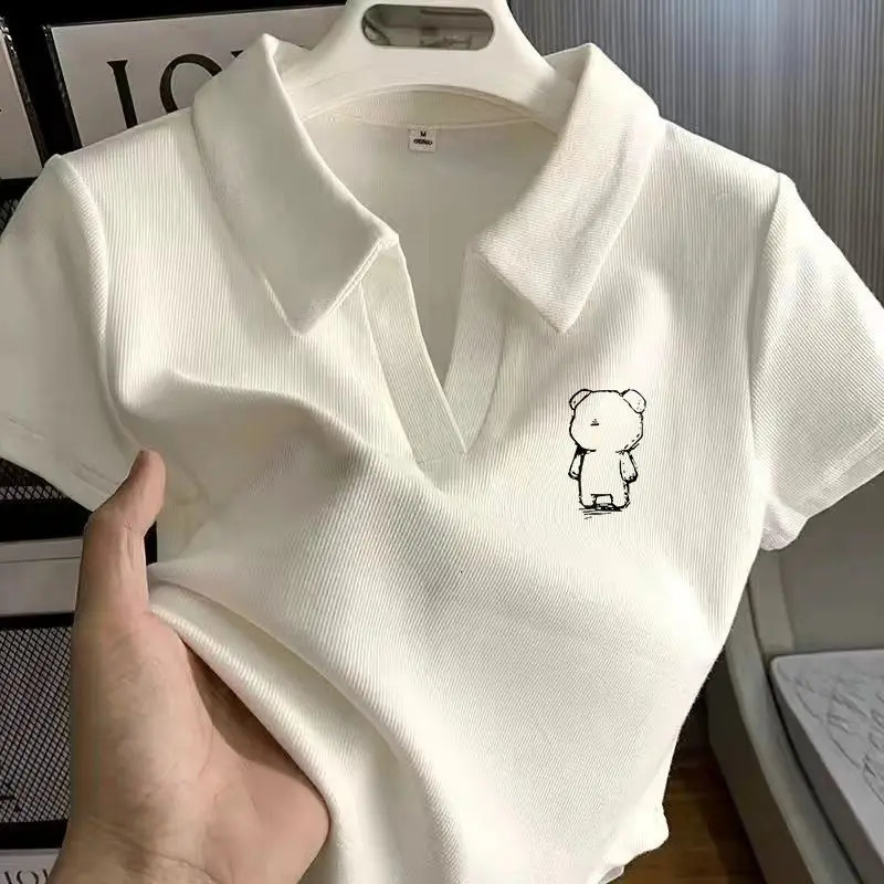 Summer Korean Women Fashion Casual Lapel Polo Shirts Solid Versatile Slim Short Sleeve Love Short Kawaii Knitted Tops 250609