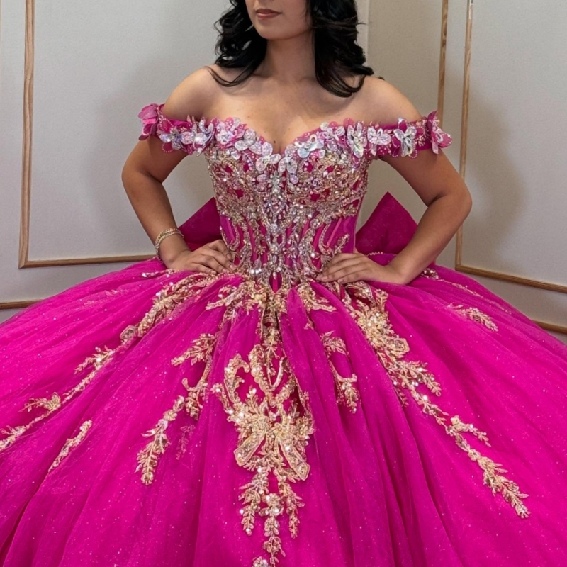 Rose Red Quinceanera Dresses Ball Gown Off The Shoulder Applique Lace Beading Crystal Bow Tull Sweet 16 Dress Vestidos 15 De Anos