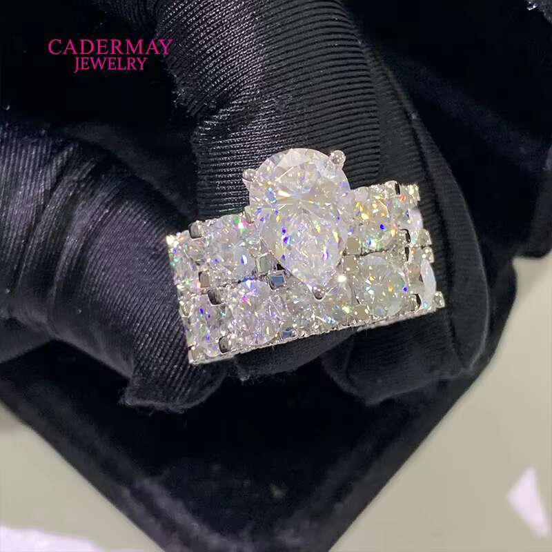 Luxury 5ct 925 Sterling Silver Moissanite Ring 6mm Eternity Band 9x13mm Pear Cut Moissanite Diamond Wedding Engagement Halo Ring