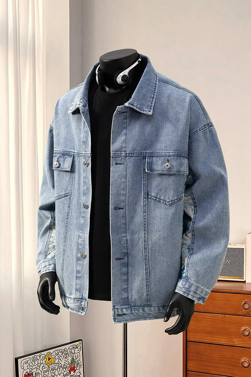 Autumn Men Vintage Denim Jackets Fashion Printed Jacket Square Collar Plaid Male Hip Hop Harajuku Outerwear 250614