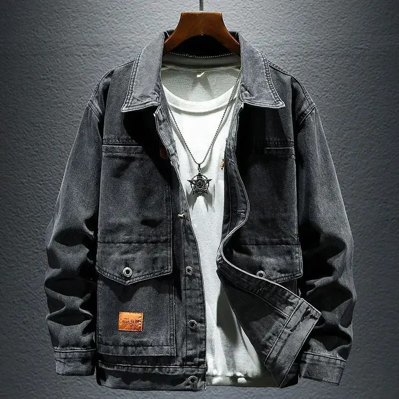 Autumn Cargo Denim Jackets for Men Gray Jeans Coat Button Blue Japanese Fabric Low Cost Original Clothing Outerwear Trendy 250614