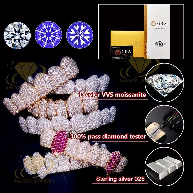 HipHop Jewelry Moissanite Grillz 10 Top 10 Bottom Invisible Set 925 Silver White Gold Plated Iced Out Mossanite Grillz for Teeth