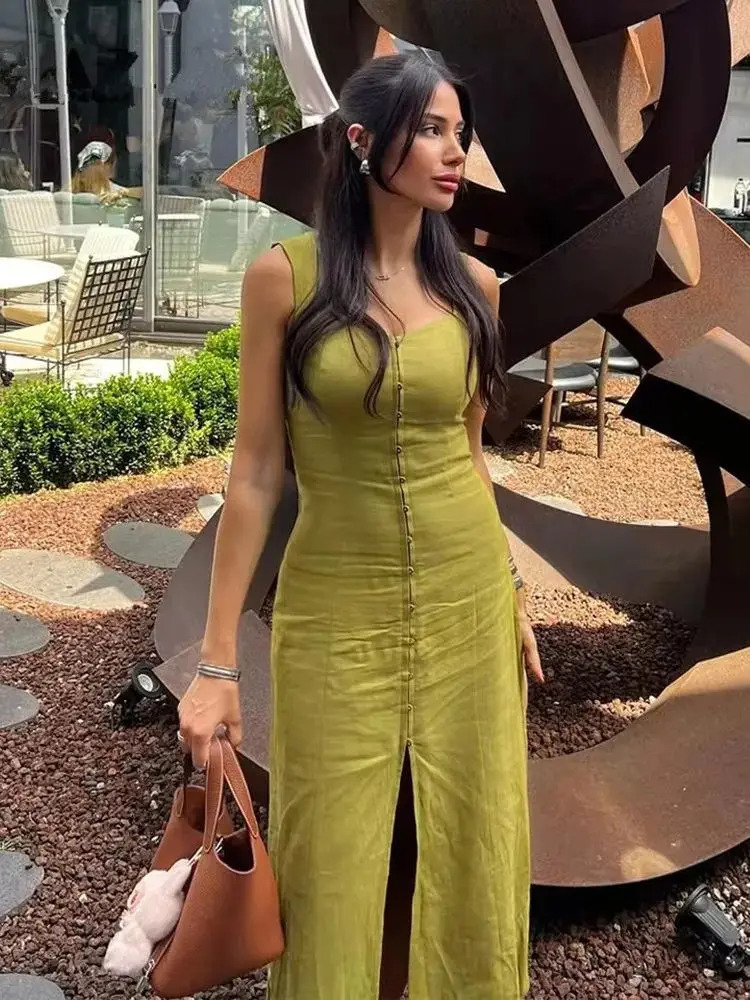 Summer Elegant Dress Women Fashion Solid Square Collar Sleeveless Single Breasted Dress Ladies Vacation Green Spilt Dresses 250613