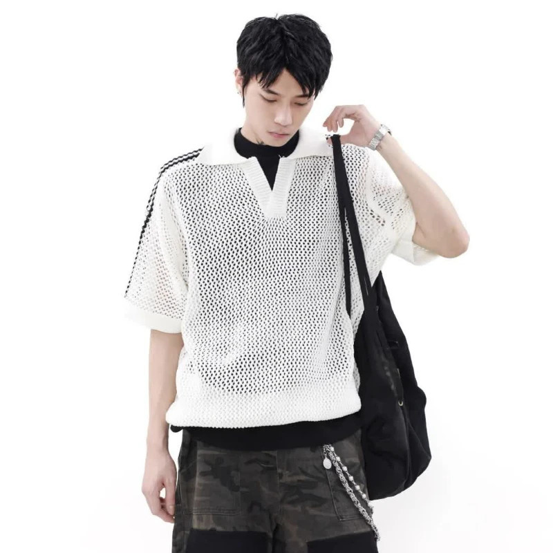 American Retro Hollow Mesh Short-sleeved Knitted POLO Shirt Mens Summer Breathable Sports and Casual Lapel Loose Top 250614