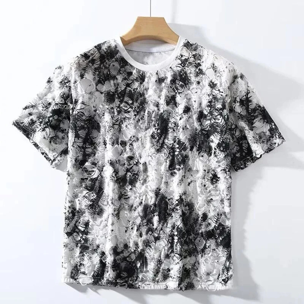Summer Mens Rendering Hole Short-Sleeved T-Shirt Retro Trend Fashion Street Hip-Hop Loose Casual Niche Breathable Mens Tops 250614